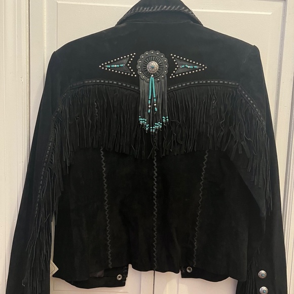 Scully Black Leather Jacket Fringe Beads Silver Turquoise - Picture 2 of 2